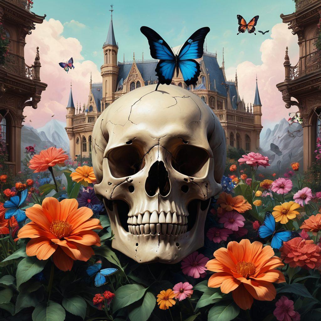 A captivating juxtaposition of a dark, eerie art piece transitioning into a vibrant, beautiful scene, showcasing a skull blending into a blooming flower garden. The fusion of macabre elements like gothic architecture and whimsical butterflies creates a contrasting harmony. Use a soft, moody color palette shifting to bright, lively hues for dramatic effect. surreal. vivid details. layered textures.
