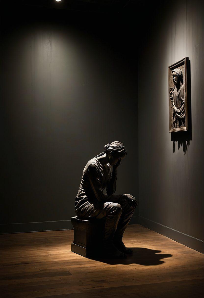 A dark, thought-provoking scene showcasing a gallery of unsettling yet powerful artworks that depict the themes of pain and resilience. Shadows loom over fragmented sculptures and haunting paintings, each telling a story of suffering and survival. An ethereal light filters through the space, casting dramatic contrasts on the art pieces as viewers contemplate the complex relationship between torture and creativity. The atmosphere is dense yet engaging, inviting emotional reflection. surrealist, moody colors, soft lighting.