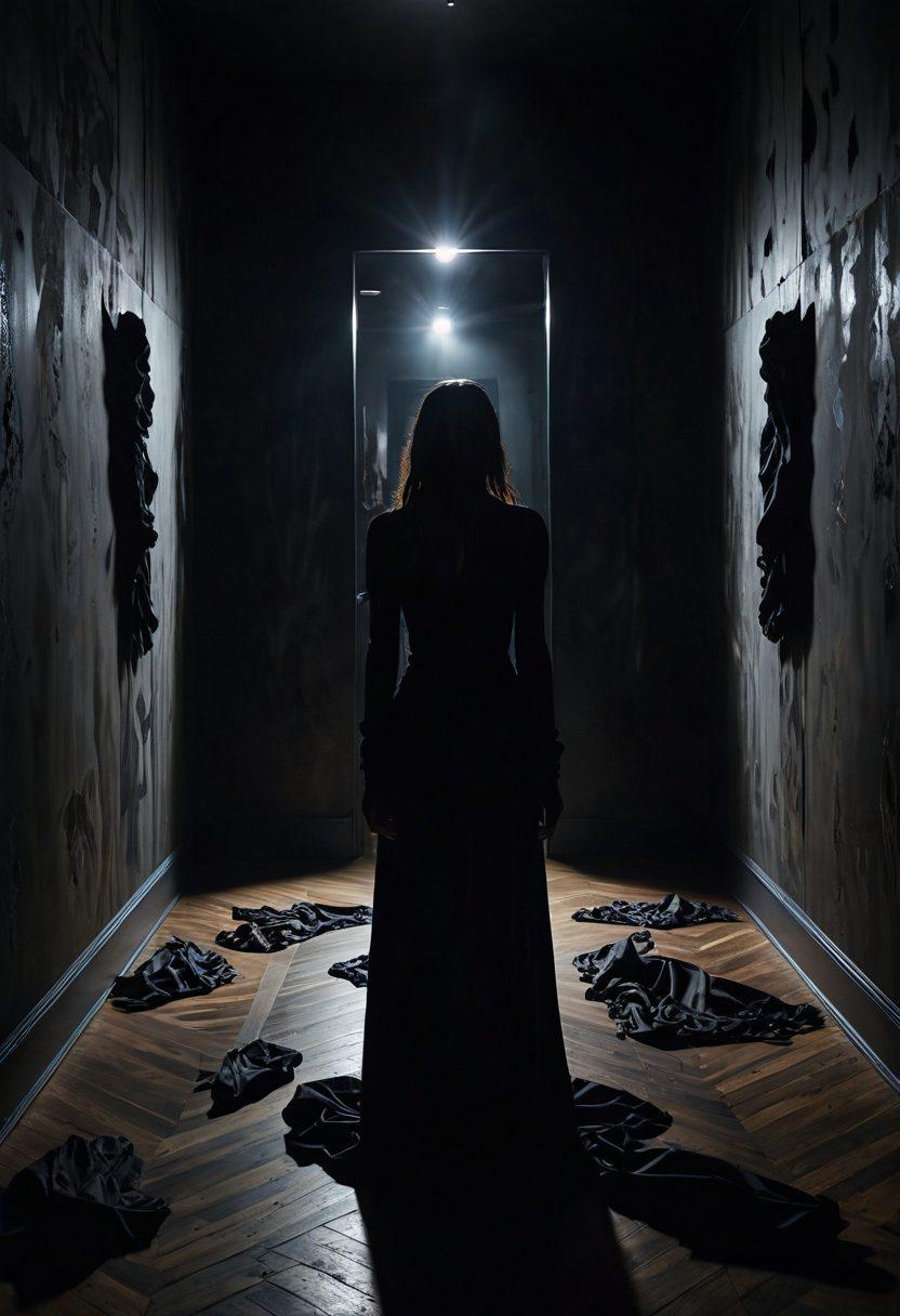 A haunting gallery filled with dark, abstract art pieces illustrating themes of pain and suffering, featuring shadowy figures and twisted forms. Dimly lit, with flickering candlelight casting eerie shadows on the walls, creating an atmosphere of tension. Include a lone observer in deep contemplation, emphasizing the impact of torture art on the human psyche. Disturbing yet captivating textures and colors that evoke strong emotions. super-realistic. dark tones. dramatic lighting.